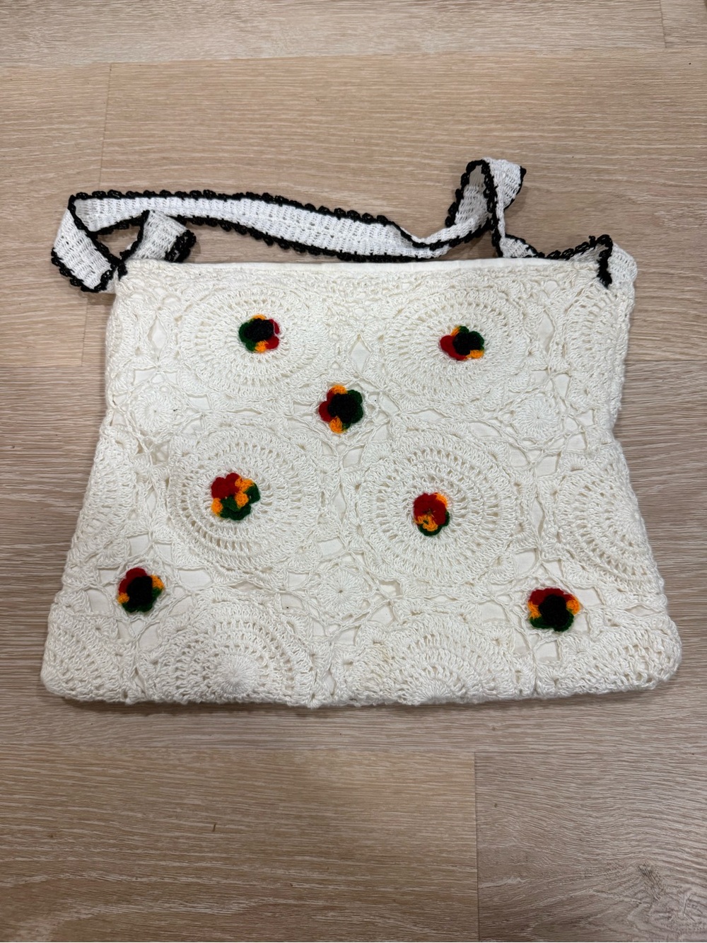 Handmade Crochet Cream Shoulder Bag with Multicolor Flower Accents